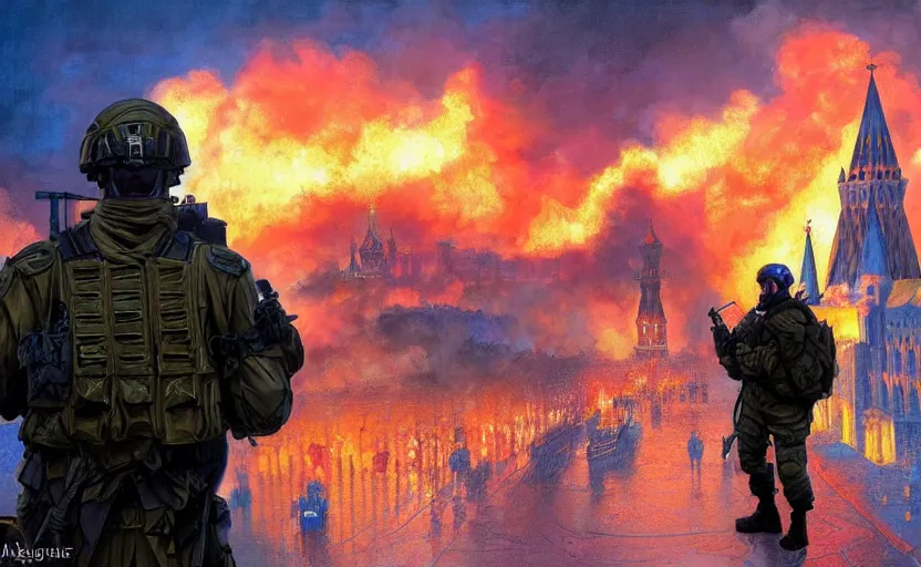 Image similar to special forces soldier with ukrainian blue and yellow shoulder patch watches red square kremlin burn in the background, d & d, fantasy, bright atmosphere, volumetric lights, intricate, elegant, extremely detailed, digital painting, artstation, concept art, matte, smooth, sharp focus, hyper realistic, illustration, art by artgerm and greg rutkowski and alphonse mucha