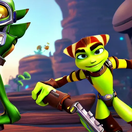 Prompt: In ratchet & clank rift apart, ratchet tells captain qwark he likes him,highly detailed