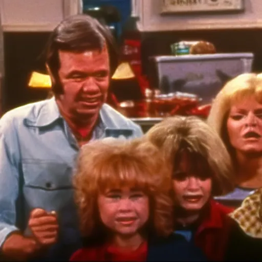 Prompt: screenshot of the crying family with the mallard in Al's diner from 70s comedy TV show unhappy days