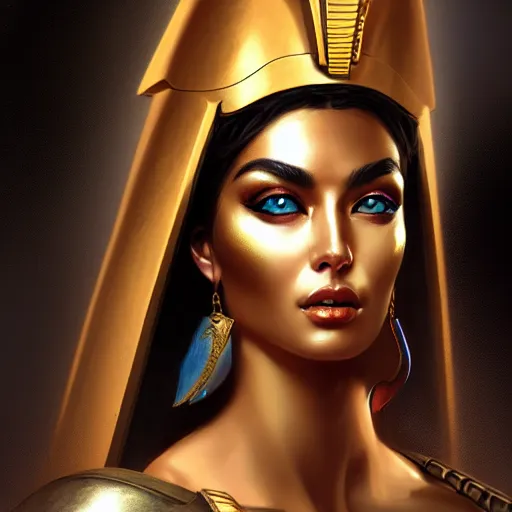 Image similar to portrait of gorgeous egypt goddess in the armor, beautiful face, hyper realistic, highly detailed, digital painting, artstation, illustration, concept art by hyung tae and frank frazetta, digital paint, matte paint, washed colors, dark, gloomy, foggy