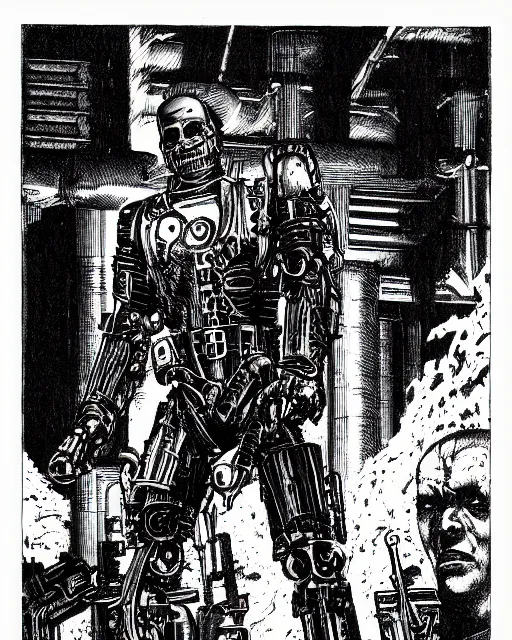 Prompt: the terminator as a warforged, pen - and - ink illustration, etching, by russ nicholson, david a trampier, larry elmore, 1 9 8 1, hq scan, intricate details, high contrast