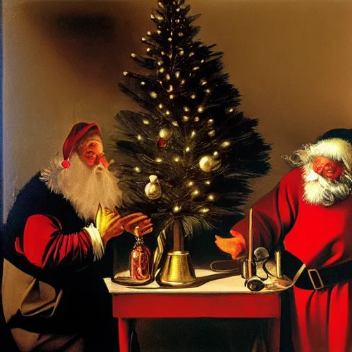 Image similar to Father Christmas pouring gasoline over a Christmas tree Painted by Caravaggio