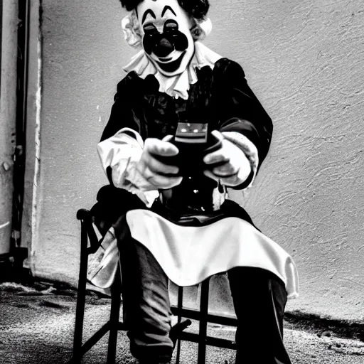 Image similar to an old black & white 5 0 mm close up portrait of a man dressed up as a clown holding a playstation controller while seated in a chair, in a dark foggy alley