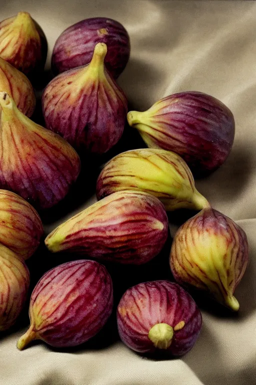 Image similar to Photo print of figs lying on a beige silk cloth, food photography, award winning, highly detailed, 4k, 1970s National Geographic.