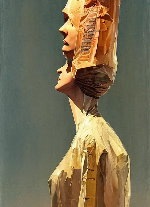 Image similar to beautiful woman in a translucent bomber jacket made from plastic bag with paper bags for clothes standing inside paper bags with paper bag over the head at store display Edward Hopper and James Gilleard, Zdzislaw Beksinski, highly detailed