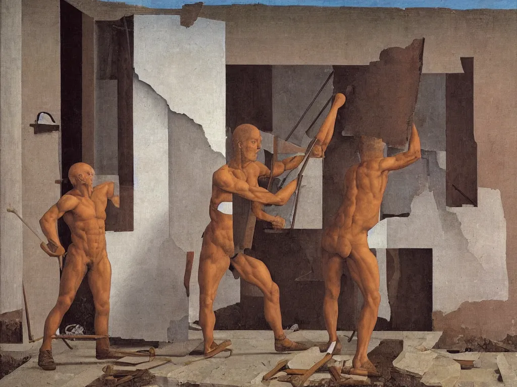 Image similar to The muscular worker renovating a house. Painting by Alex Colville, Piero della Francesca, Max Ernst.
