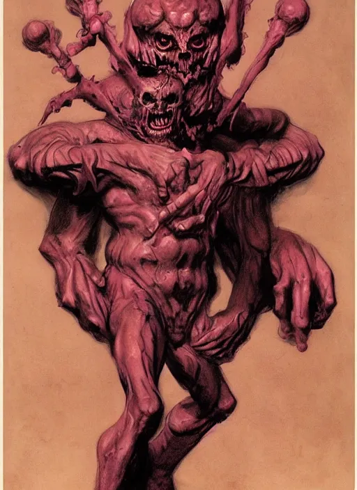 Image similar to pinky demon from doom, dynamic action, by lawrence alma tadema and zdzislaw beksinski and norman rockwell and jack kirby and tom lovell and greg staples, arstation doom concept art