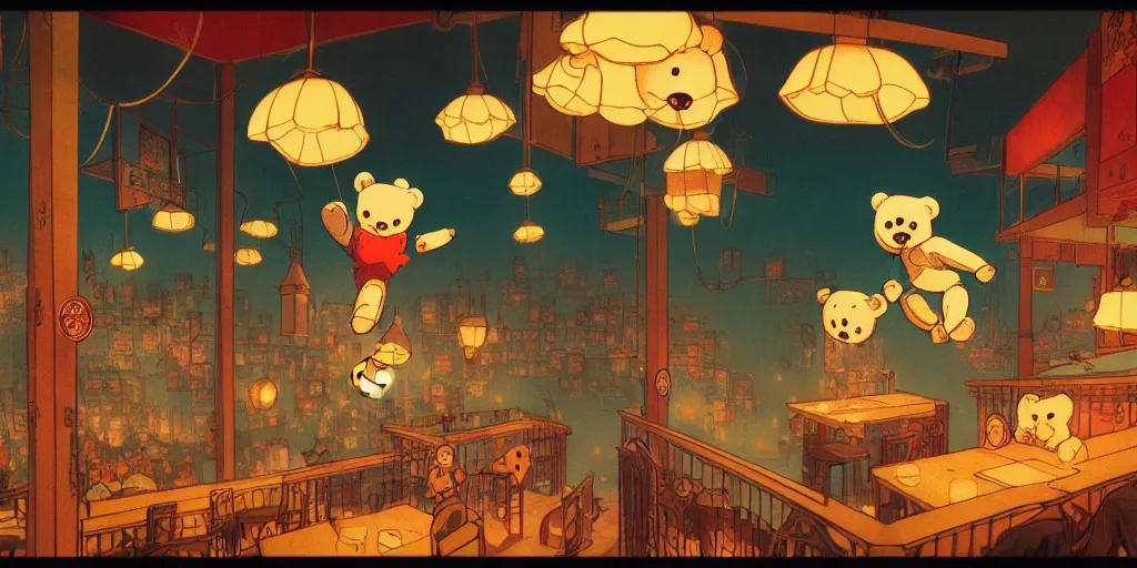 Prompt: teddy bear bouncing upside down and awry around the english night bar club, dark retro lighting, darkly playful color scheme, intricate details, matte painting, illustration, by hayao miyazaki