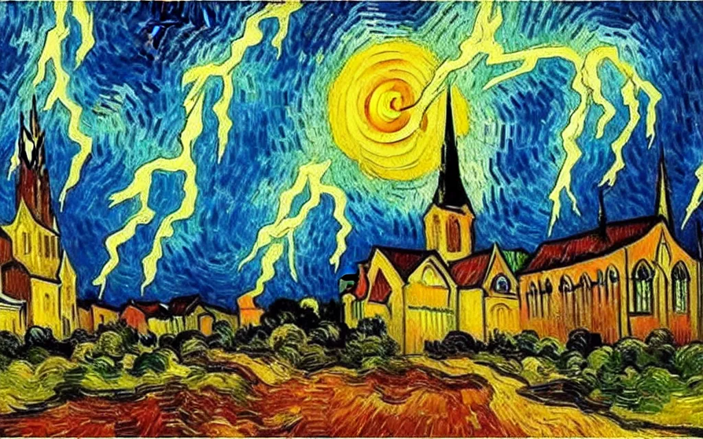 Image similar to expressionist oil painting by van gogh of lightning storm over a tall gothic church, landscape painting, expressionism, 8 k resolution detailed art, small brushstrokes, watercolor palette