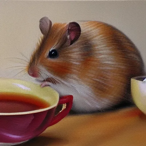 Image similar to hyper realistic oil painting of a hamster in a fancy place drinking a tea