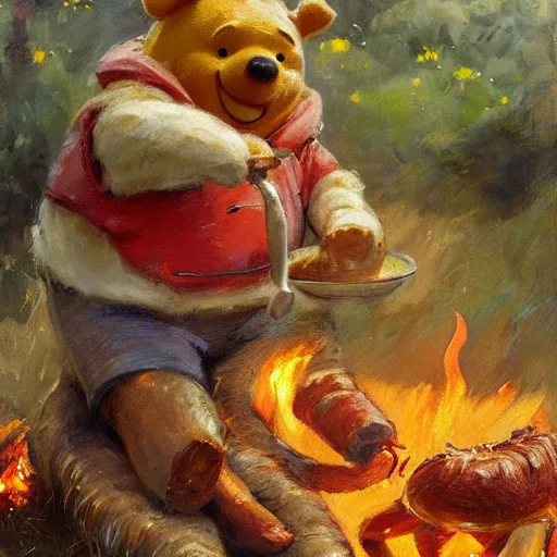 Prompt: close up of winnie the pooh cooking a whole hog roast over a fire, cinematographic shot, by daniel f. gerhartz