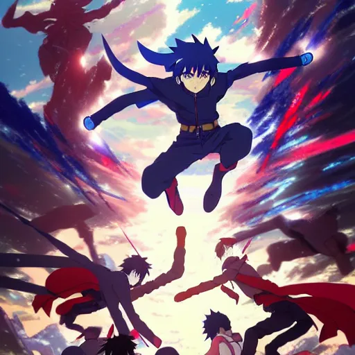 Image similar to dynamic and high energy anime composition with many hero characters together, running jumping, group of anime heroes, gapmoe yandere grimdark, trending on pixiv fanbox, painted by greg rutkowski makoto shinkai takashi takeuchi studio ghibli, akihiko yoshida