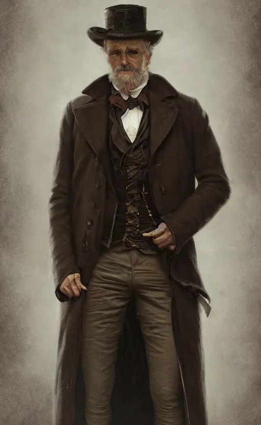 Prompt: portrait of a middle aged victorian gentleman, trenchcoat and waistcoat, male, detailed face, victorian, highly detailed, cinematic lighting, digital art painting by greg rutkowski