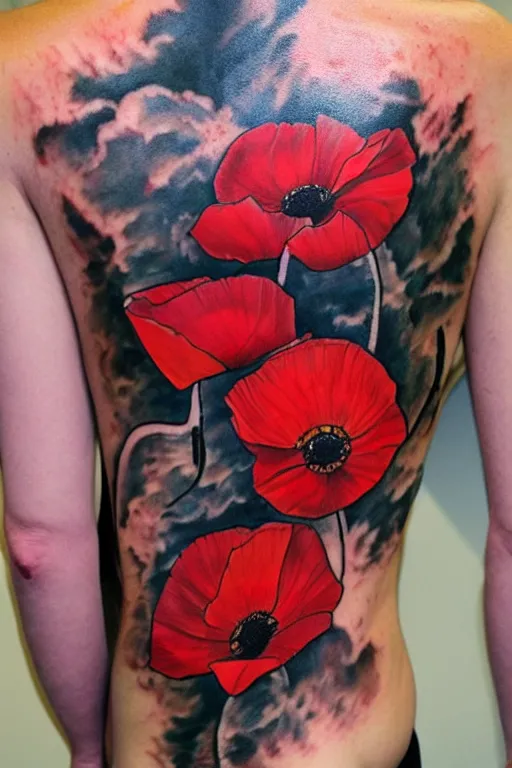 Image similar to tattoo concept, poppy, spine, red, black, fine line