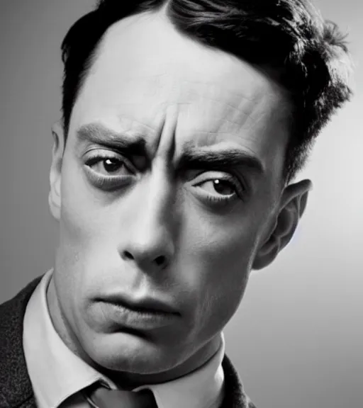 Prompt: a man who is a genetic combination of buster keaton and james dean, face and shoulders focus