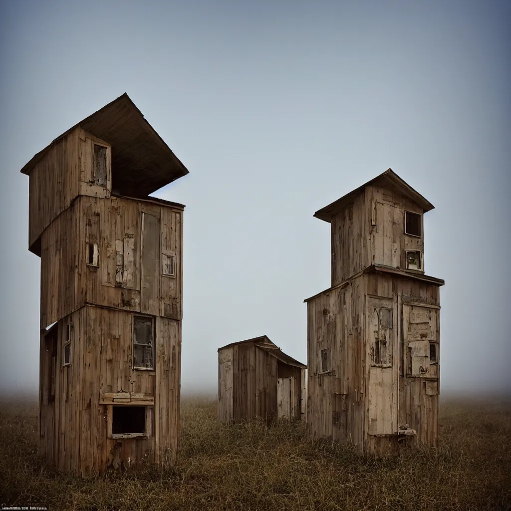 Image similar to two high towers, made up of makeshift squatter shacks with faded colours, plain uniform sky at the back, uneven fog, mamiya, fully frontal view, ultra sharp, very detailed, photographed by julie blackmon