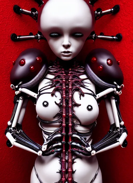 Image similar to gothic inflateble baroque puffy red dress, perfect symmetrical body, helmet on face, full body shot, alien, plant predator, guyver, giger, wires, tubes, veins, jellyfish, white biomechanical details, wearing epic bionic cyborg implants, masterpiece, intricate, biopunk, vogue, highly detailed, artstation, concept art