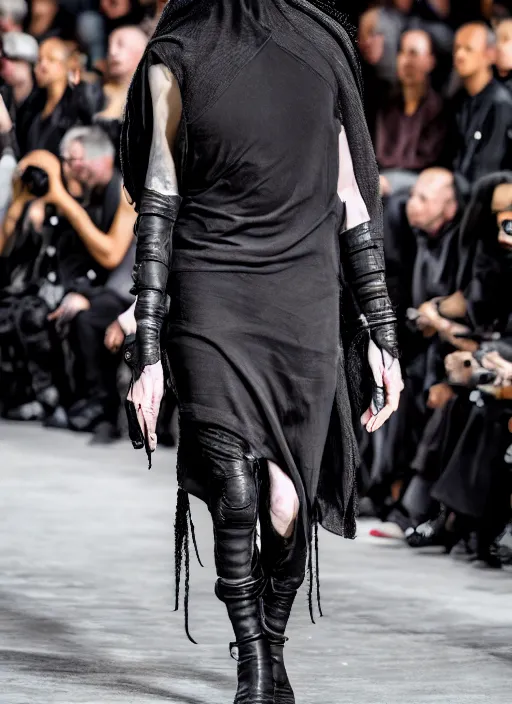 Image similar to hyperrealistic and heavy detailed rick owens avant garde runway show of batman, leica sl 2 5 0 mm, vivid color, high quality, high textured, real life