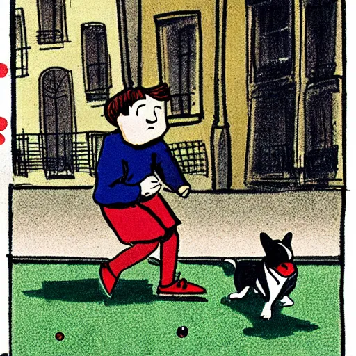 Image similar to illustration of french boy on the streets of paris playing football against a corgi, the dog is wearing a polka dot scarf, comic, 1 9 7 2