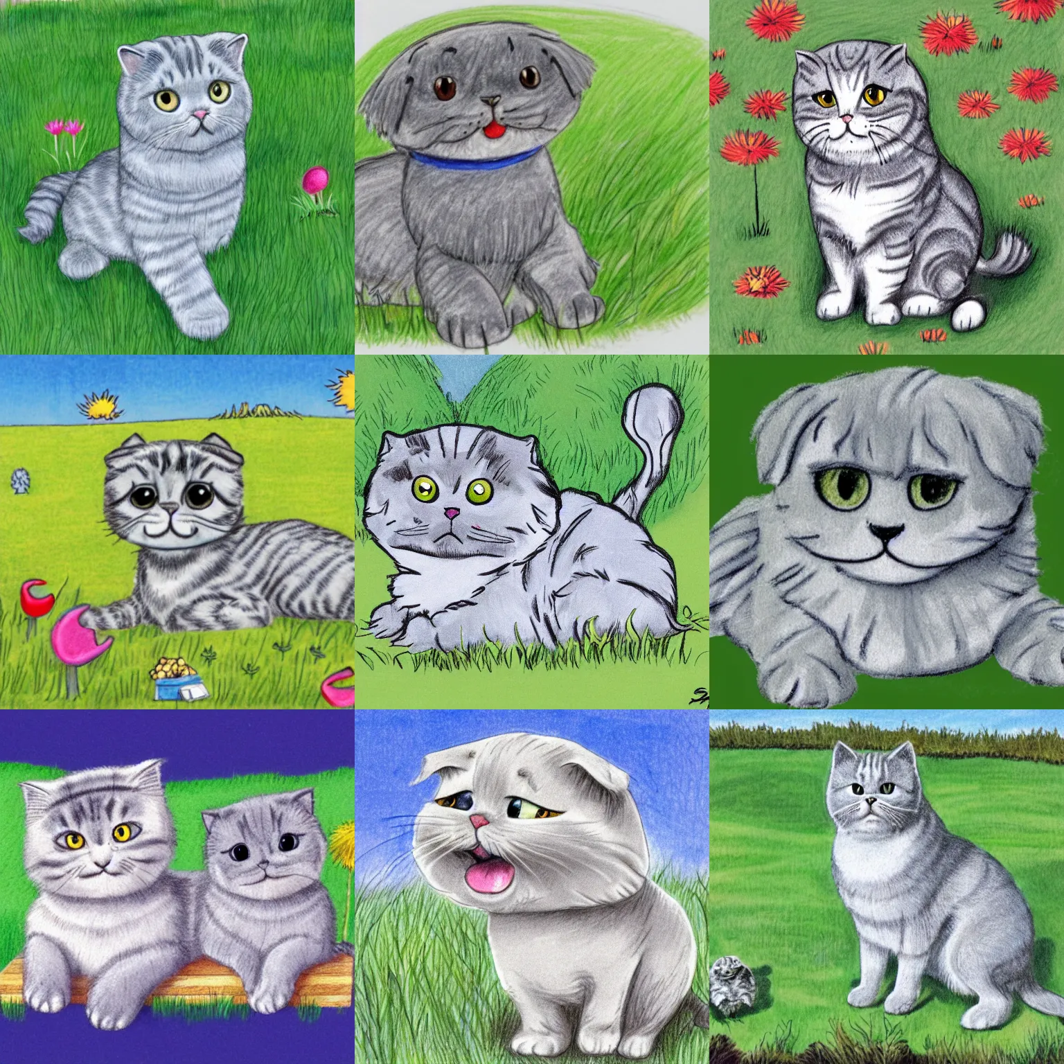 Prompt: a gray scottish fold sitting in the middle of sunny meadow, drawn by dr. suess, full color drawing