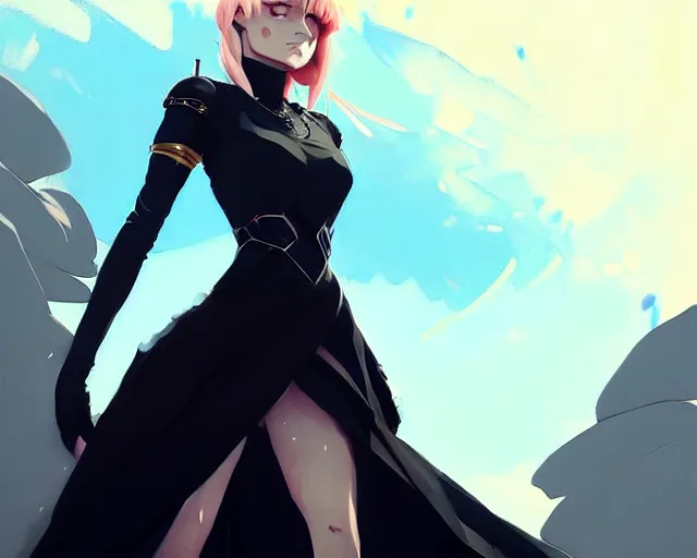 Image similar to a ultradetailed beautiful panting of artoria pendragon in a black dress, by conrad roset, greg rutkowski and makoto shinkai, trending on artstation