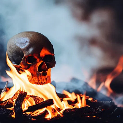 Prompt: golden human skull burning in fire