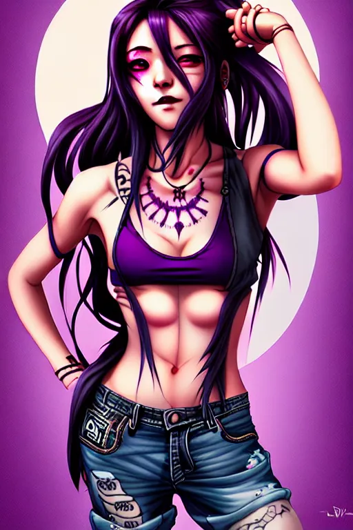 Image similar to a portrait of dilraba dilmurat as revy from black lagoon, smirk, black tank top, jean shorts, brown eyes, purple hair, tribal tattoo sleeve right arm, symmetrical eyes, symmetrical face, art by lois van baarle and loish and ross tran and rossdraws and sam yang and artgerm