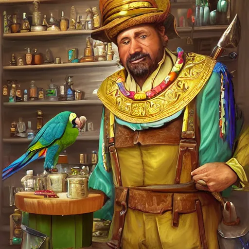 Image similar to Anthropomorphized parrot trader in his shop, selling his wares, portrait, items, weapons, magic potions, carpet, window, fancy hat, sly expression , cunning expression, cute expression, long thick shiny gold beak, presenting wares, holding a gold bag, D&D, fantasy, cinematic lighting, highly detailed, digital painting, artstation, concept art, smooth, sharp focus, illustration, warm light, cozy warm tint, magic the gathering artwork, volumetric lighting, 8k, art by Akihiko Yoshida, Greg Rutkowski