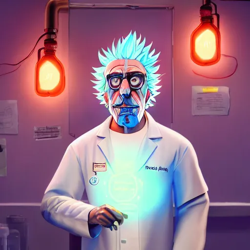 Portrait Of Old Shaved Rick Sanchez Lab Coat And Tee Stable