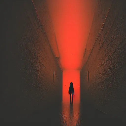 Image similar to photograph of an extremely dark narrow hallway with glowing humanoid monster made out of tv static, dark deep black shadows, red and black color contrast in the style of trevor henderson, liminal space, 3 d octane render, glitch effect