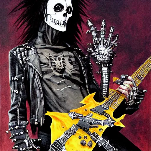 Image similar to a portrait of the grim reaper as a punk rocker playing an electric guitar, punk, skeleton face, mohawk, dark, fantasy, leather jackets, spiked collars, spiked wristbands, piercings, boots, ultrafine detailed painting by frank frazetta and vito acconci and michael whelan and takeshi obata, death note style, oil on canvas