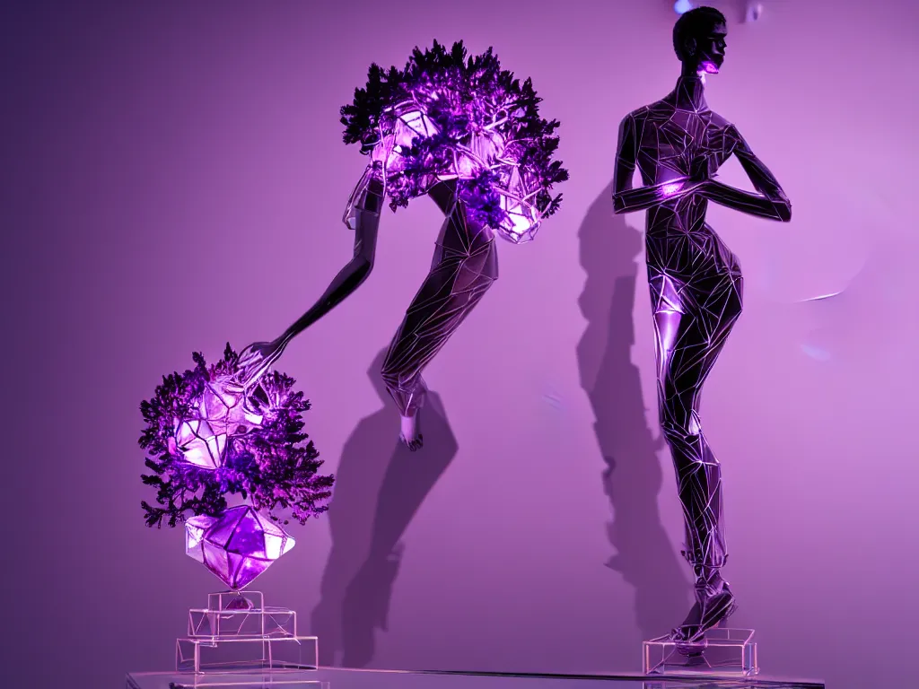 Image similar to beautiful mannequin sculpted out of amethyst by billelis + lit with purple 3 d geometric neon + chrome geometric cubed bonsai plants!!!!, doorway opening with neon pink geometric light, clean linework, dramatic, finely detailed, rule of thirds, moody, confident, award winning, 4 k, trending on artstation, photorealistic, volumetric lighting, octane render