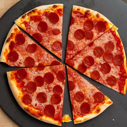 Image similar to a pepperoni pizza but the cheese and pepperoni are inverted