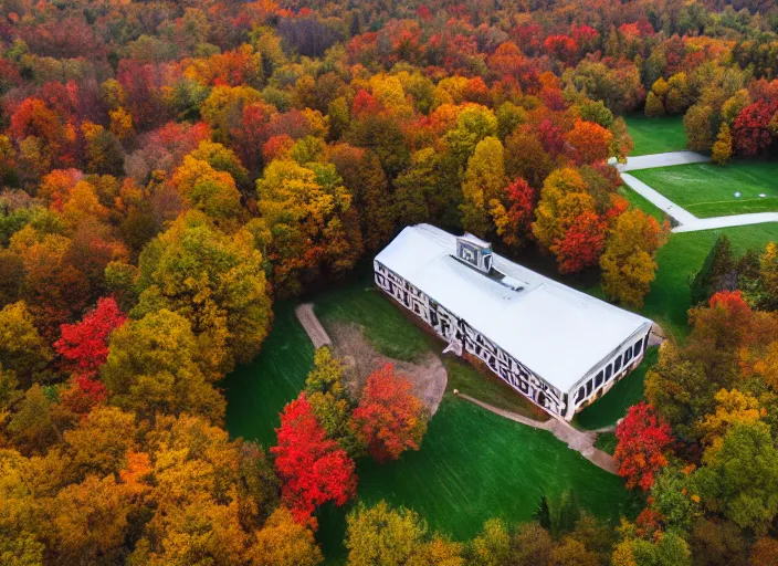 Image similar to low drone shot of a beautiful ranch style School campus in the middle of the Woods during autumn