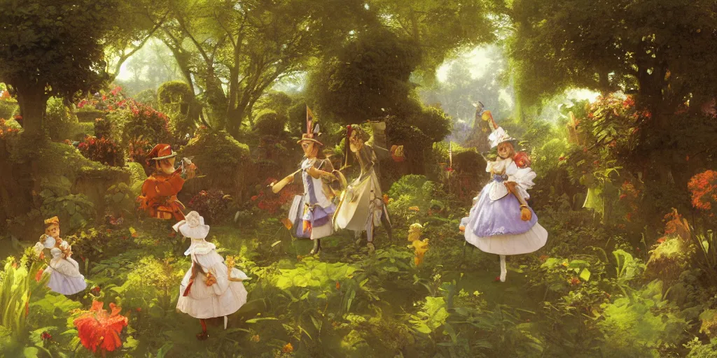 Prompt: alice in wonderland in the garden, john tenniel, normal rockwell, craig mullins, david curtis, carl spitzweg, morgan weistling, chris foss