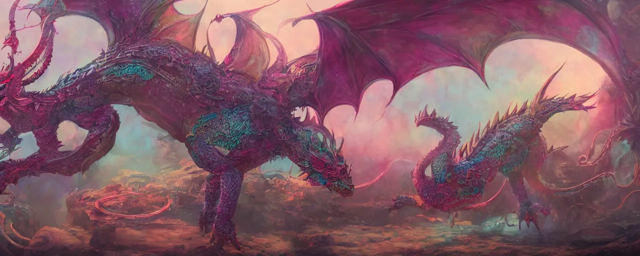 Image similar to detailed concept art illustration colorful pastel painting of a retro magical fantasy dragon in full intricate detail, ultra detailed, digital art, octane render, 4K, dystopian, micro details