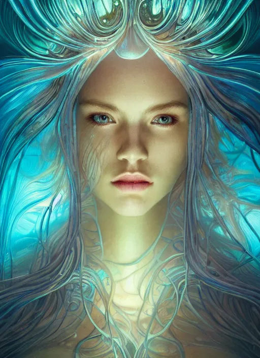 Image similar to an underwater photographic beauty portrait of an anthropomorphic bioluminescent liquid wave, refractive cinematic volumetric lighting, fantasy, intricate, elegant, highly detailed, digital painting, artstation, concept art, smooth, sharp focus, illustration, art by artgerm and h r giger and alphonse mucha