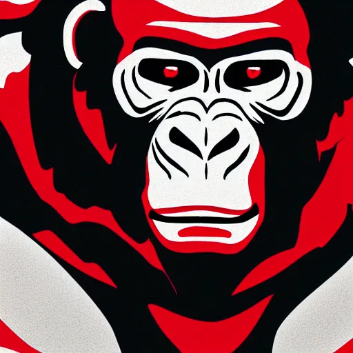 Image similar to bored ape nft, red black white art style, gorilla, 4 k