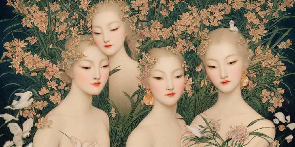 Prompt: breathtaking detailed concept art painting art deco pattern of blonde faces goddesses with blend of flowers and birds, by hsiao - ron cheng and john james audubon, bizarre compositions, exquisite detail, extremely moody lighting, 8 k