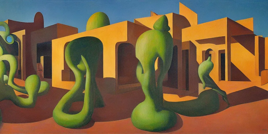 Image similar to biomorphic architecture, fantastical courtyard, grant wood, pj crook, edward hopper, oil on canvas