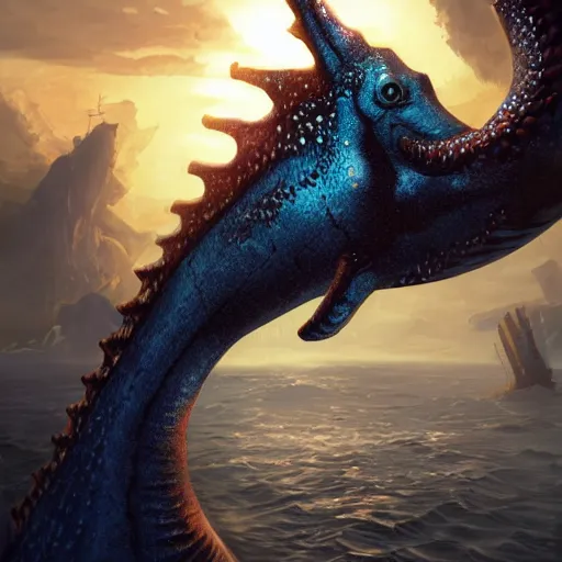 Prompt: a giant seahorse swimming above the city of atlantis by Cedric Peyravernay, highly detailed, full view of seahorse, excellent composition, cinematic concept art, colorful dramatic lighting, trending on ArtStation