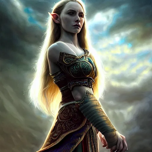 Image similar to Majestic and regal portrait of a riveting and awe inspirin female High Elf nobility, intricate, epic, elegant, menacing, fantasy, photo realistic, digital painting, hard focus, beautiful volumetric lighting, epic light, ultra detailed, by Leesha Hannigan, Ross Tran, Thierry Doizon, Kai Carpenter, Ignacio Fernández Ríos