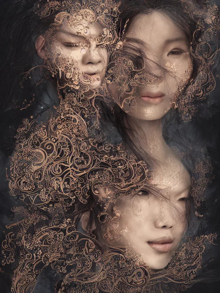 Prompt: self portrait of Stable Diffusion AI, asian,Intricate Digital painting, Trending on Artstation, Cinematic