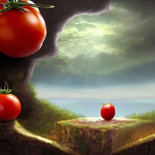 Image similar to a beautiful matte painting of a very sad tomato in a fantasy landscape, by steve argyle and mark arian