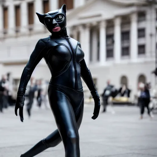 Image similar to Mark Zuckerberg as Catwoman, 105mm, Canon, f/1.4, ISO 100, 1/200s, 8K, RAW, symmetrical balance, Dolby Vision, Aperture Priority