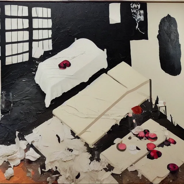 Prompt: bedroom with black walls and a futon, sensual portrait of a woman sleeping, cracked handmade pottery vase, torn paper smouldering smoke, candles, white flowers on the floor, puddle of water, octopus, squashed berries, surrealism, acrylic and spray paint and oilstick on canvas