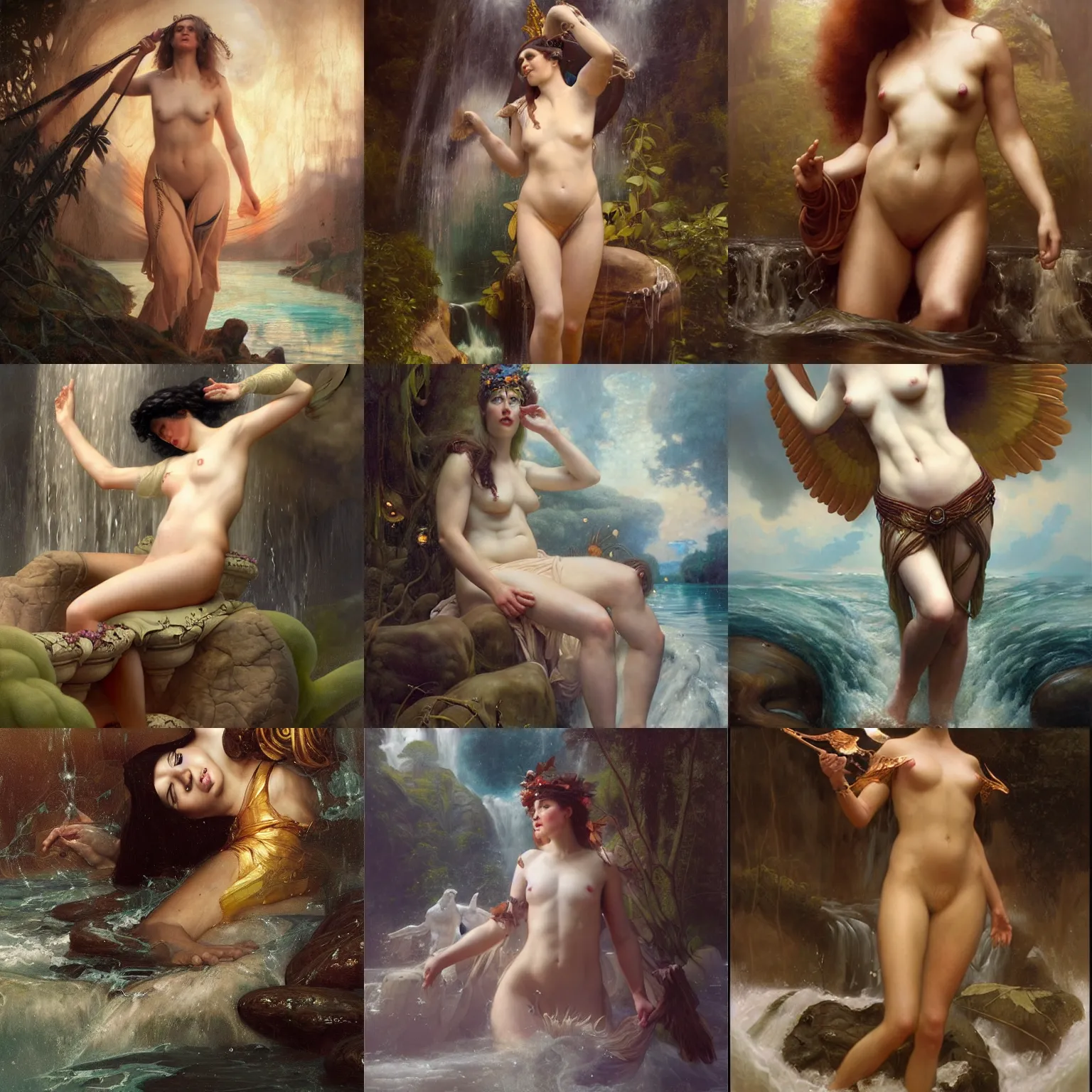 Prompt: the goddess of amazon emerging from the river!!!!!! | by roberto ferri, by tom bagshaw, by j. c. leyendecker and klimt, american romanticism, artstation, cgsociety, highly detailed oil painting, very intricate, cinematic lighting, award - winning