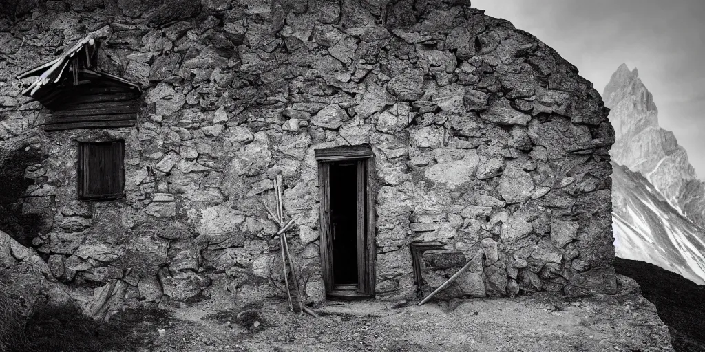 Image similar to photography of a wall with alpine farmer tools in shape of occult signs hanging down, old hut, alp, dolomites, alpine, detailed intricate insanely detailed octane render, 8k artistic 1920s photography, photorealistic, black and white, chiaroscuro, hd, by David Cronenberg, Raphael, Caravaggio