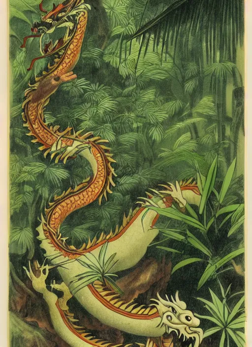 Image similar to vintage chinese dragon in a tropical forest, john james audubon, intaglio