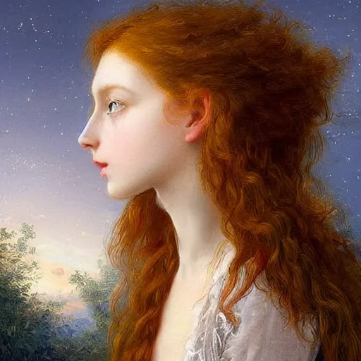 Image similar to sharp, intricate fine details, breathtaking, digital art portrait of a red haired girl with long hair and green eyes softly smiling, in a dreamy, mesmerizing scenery with fireflies, art by elisabeth vigee le brun